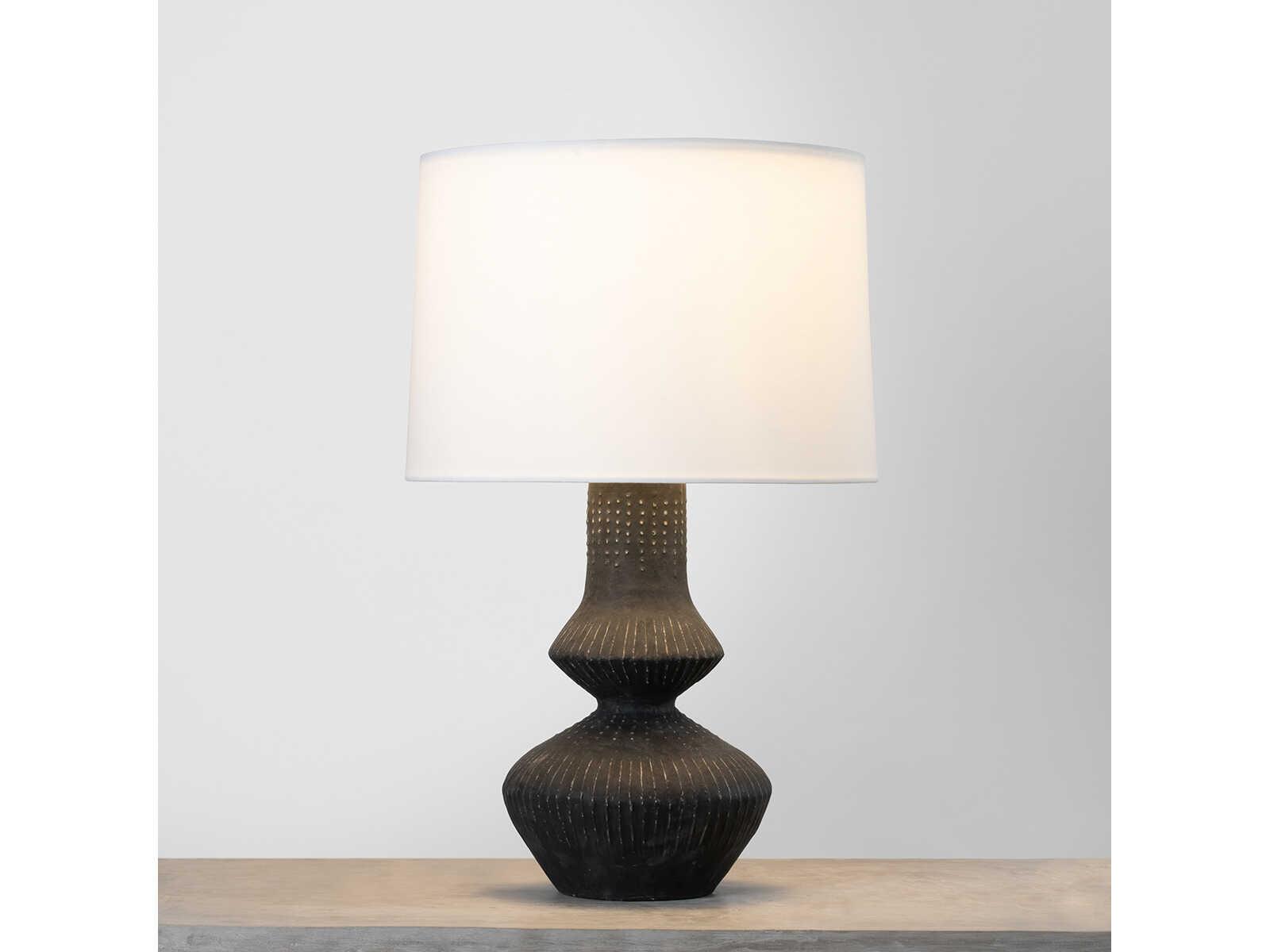 Hudson Valley Ancram Vintage Gold Leaf Ceramic Totem Black White Linen Buffet Lamp