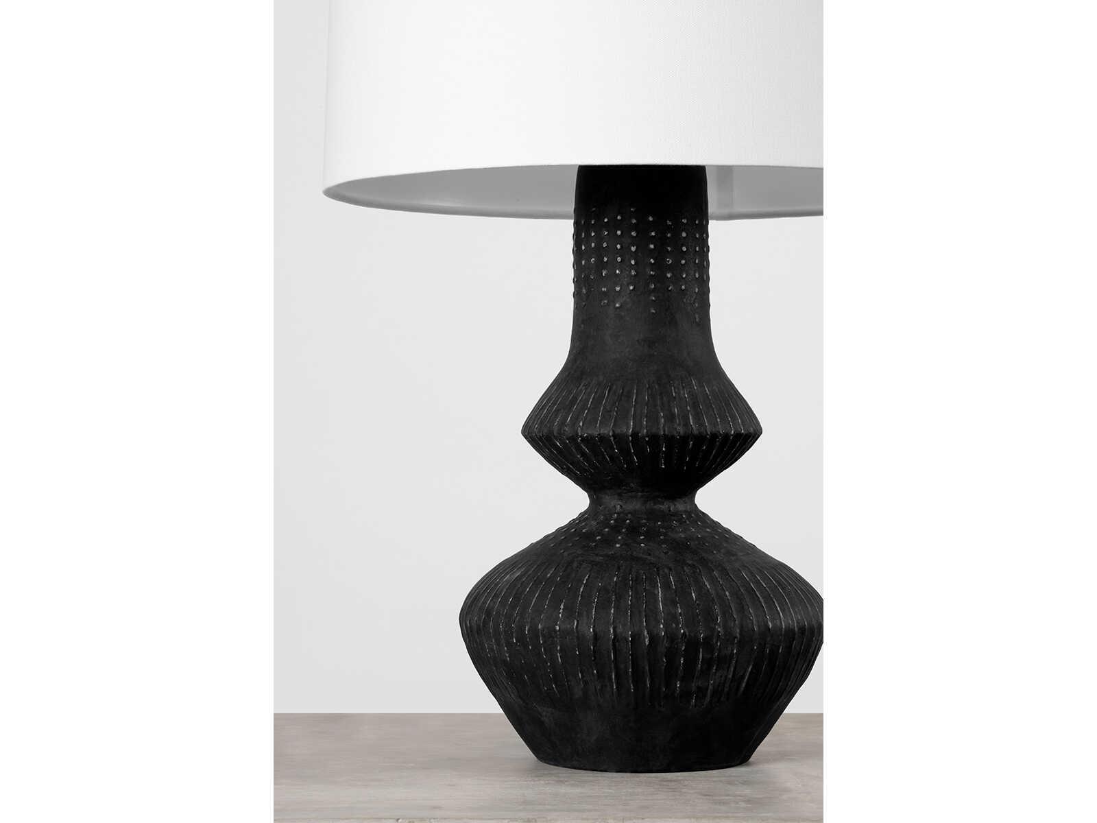 Hudson Valley Ancram Vintage Gold Leaf Ceramic Totem Black White Linen Buffet Lamp