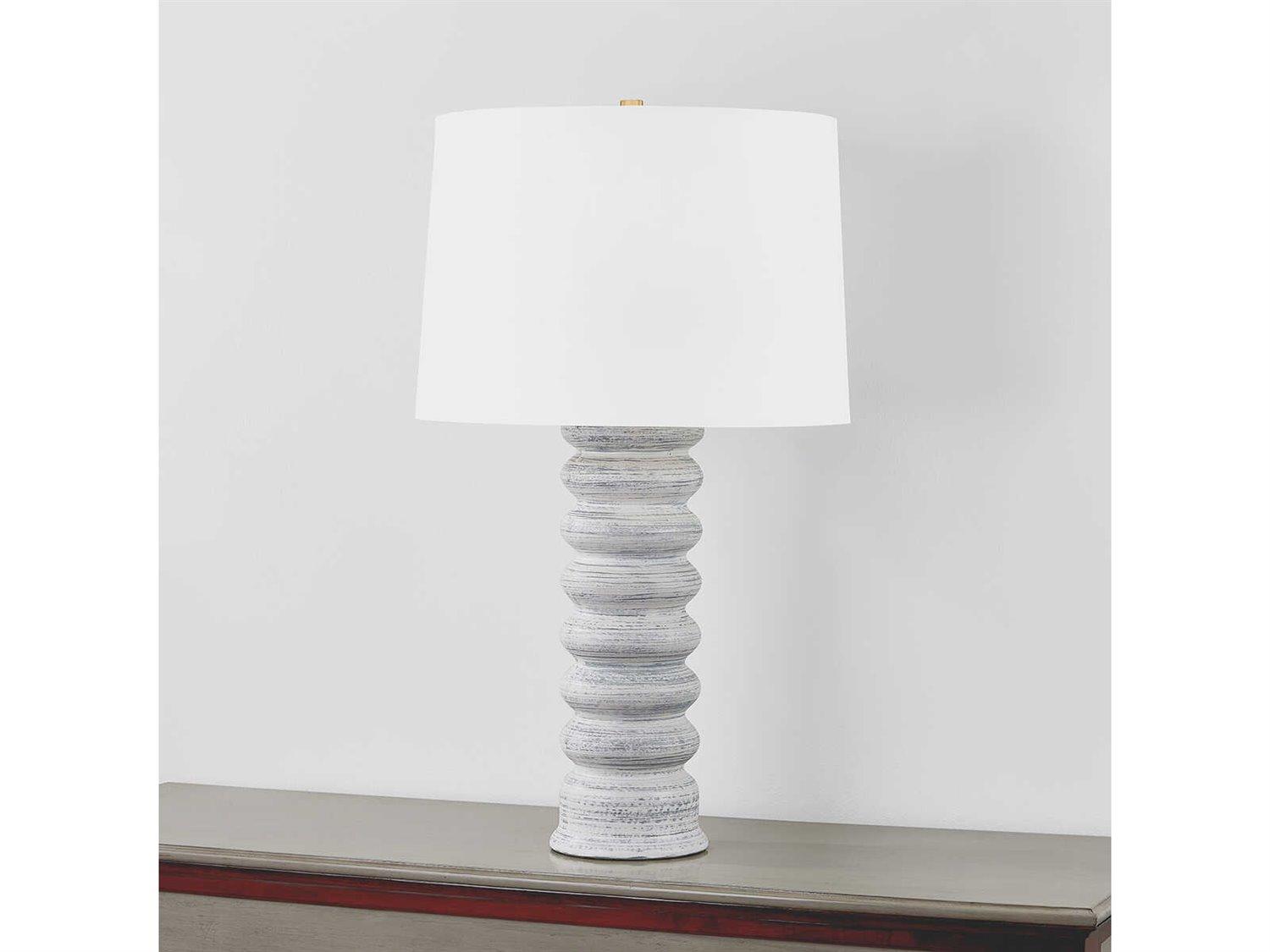 Hudson Valley Harwinton Aged Brass Ceramic Grey White Linen Buffet Lamp