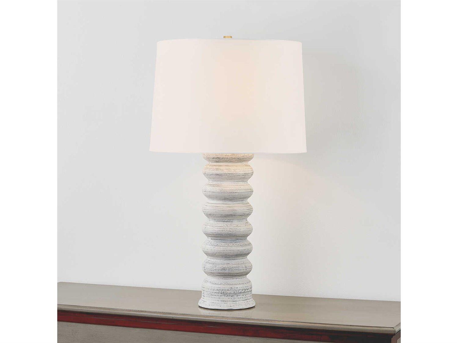 Hudson Valley Harwinton Aged Brass Ceramic Grey White Linen Buffet Lamp