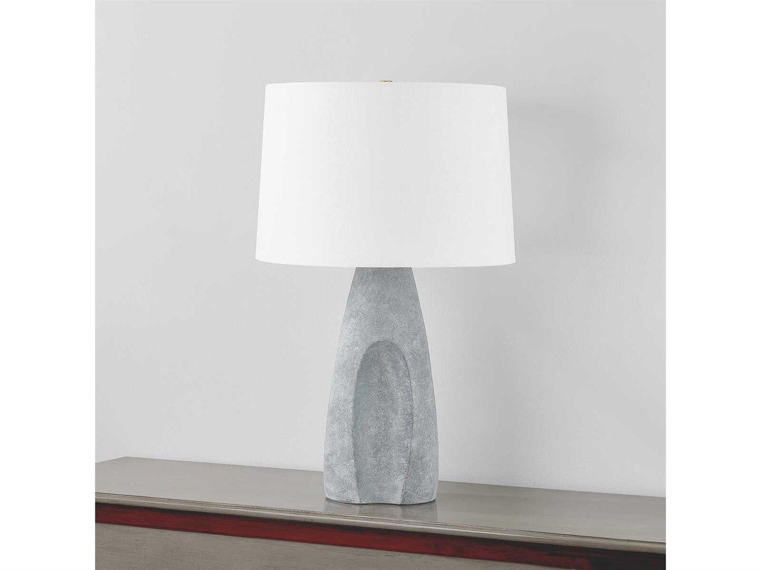 Hudson Valley Hackensack Aged Brass Ceramic Stonewash Textured Linen Fabric Gray Buffet Lamp