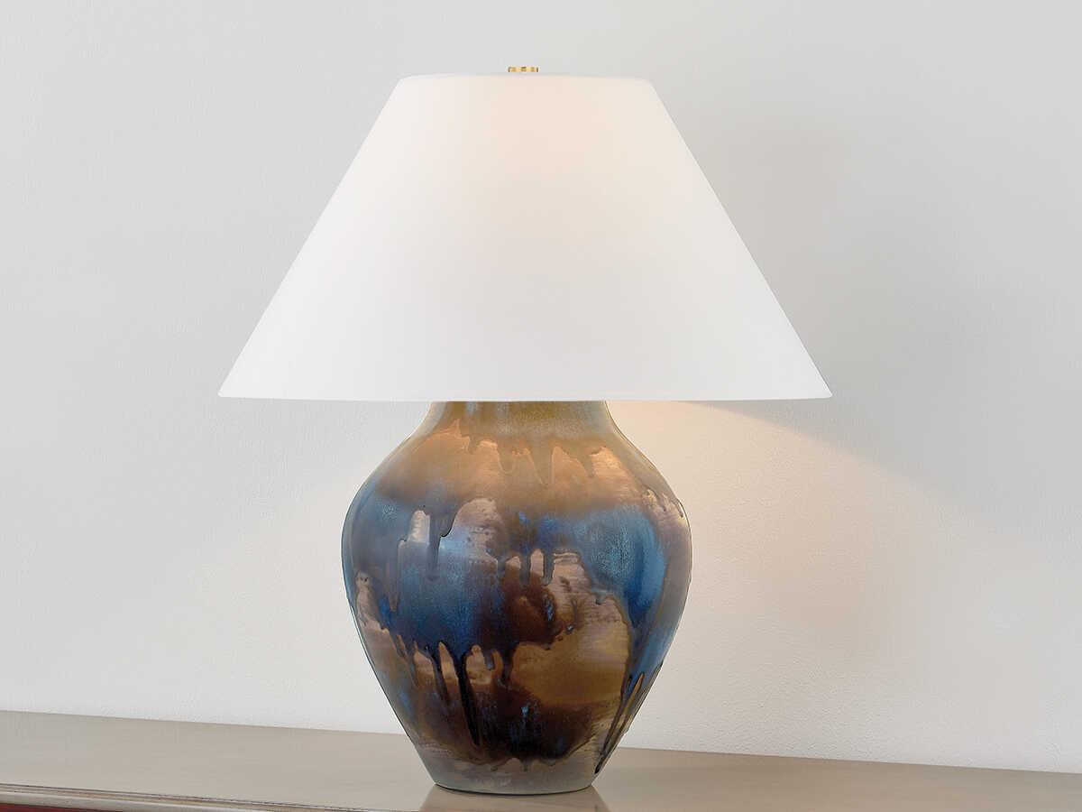 Hudson Valley Pleasantville Aged Brass Ceramic Silt Blue White Linen Buffet Lamp