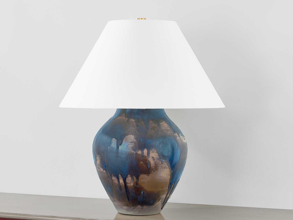 Hudson Valley Pleasantville Aged Brass Ceramic Silt Blue White Linen Buffet Lamp