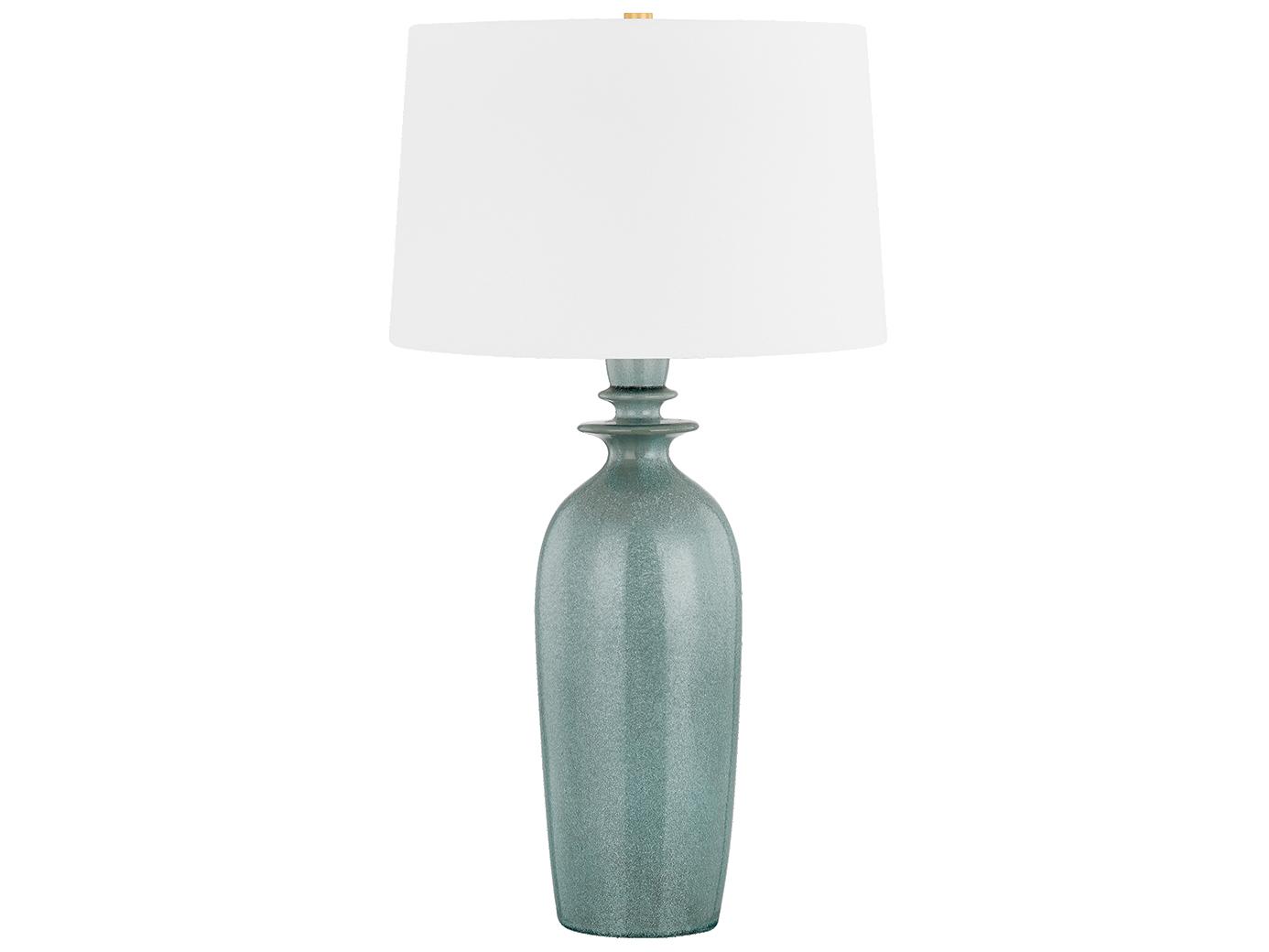 Hudson Valley Bellmawr Aged Brass Ceramic Reactive Palladian White Linen Green Buffet Lamp