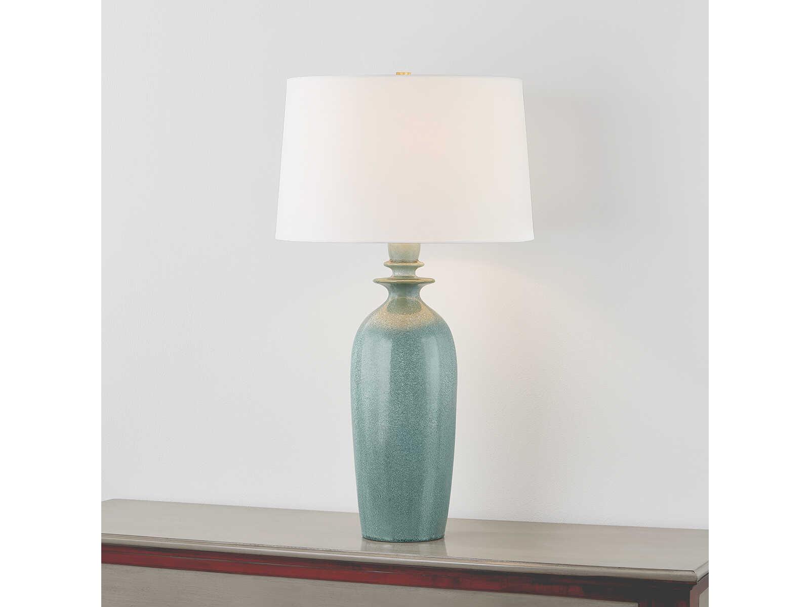Hudson Valley Bellmawr Aged Brass Ceramic Reactive Palladian White Linen Green Buffet Lamp