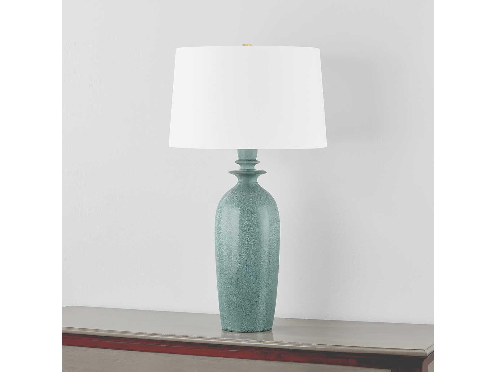 Hudson Valley Bellmawr Aged Brass Ceramic Reactive Palladian White Linen Green Buffet Lamp