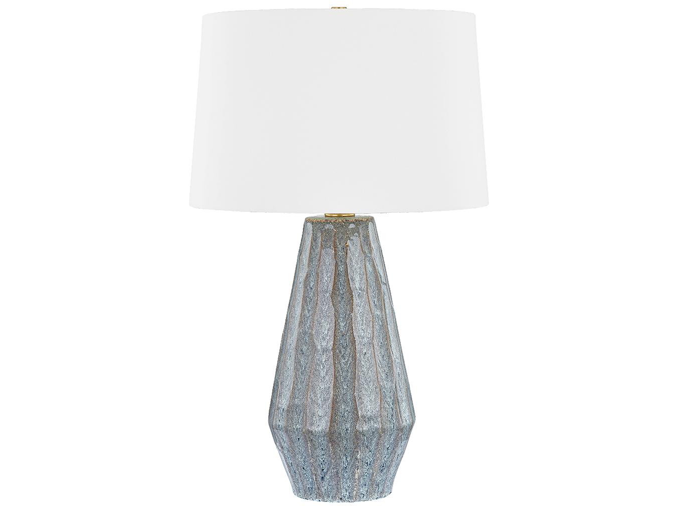 Hudson Valley Alloway Aged Brass Ceramic Swept Coast White Linen Blue Buffet Lamp