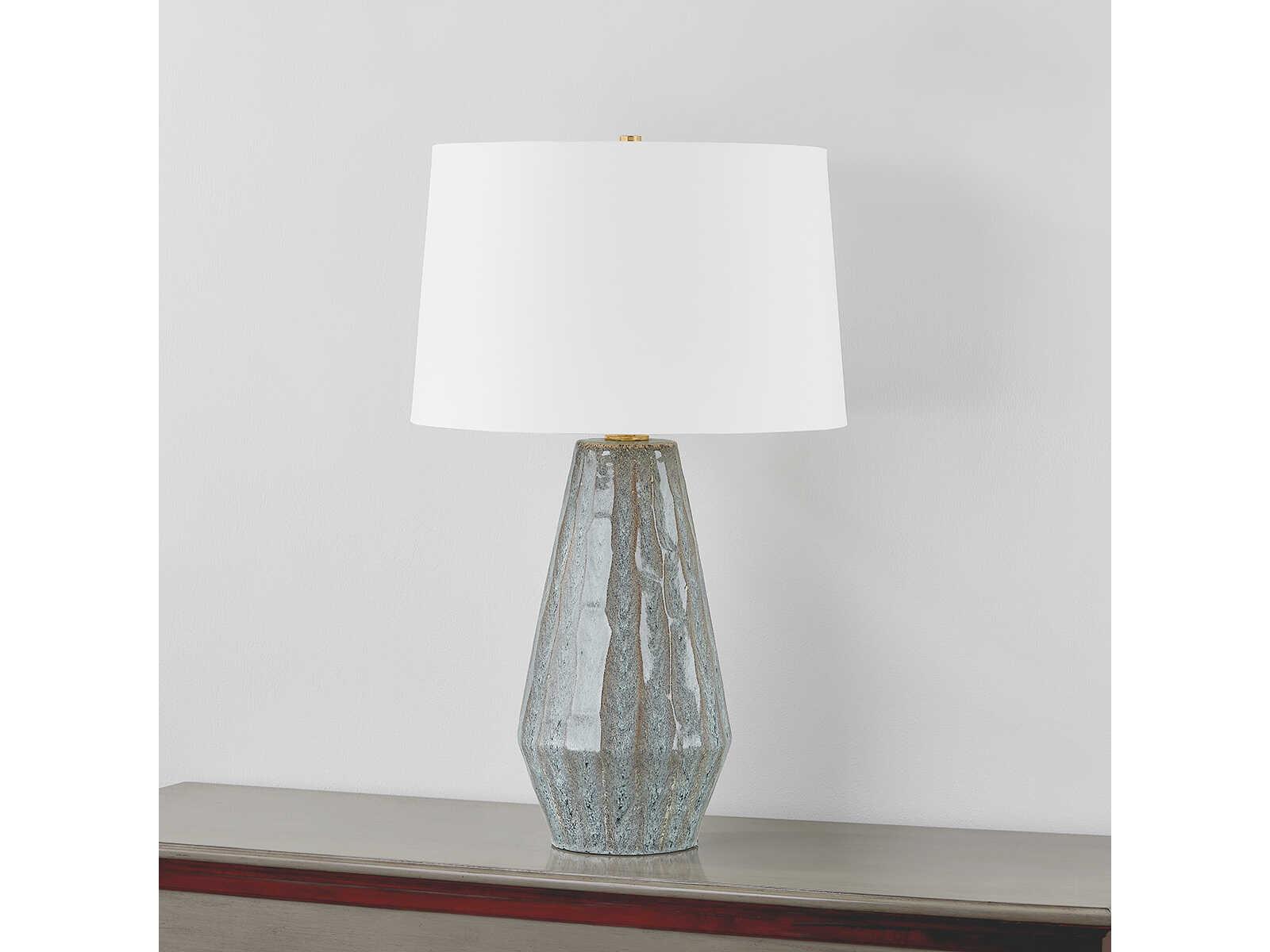 Hudson Valley Alloway Aged Brass Ceramic Swept Coast White Linen Blue Buffet Lamp