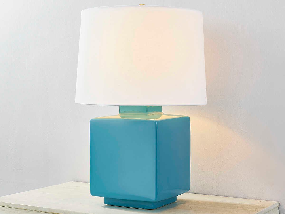 Hudson Valley Hawley Aged Brass Ceramic Gloss Turquoise White Linen Blue Table Lamp