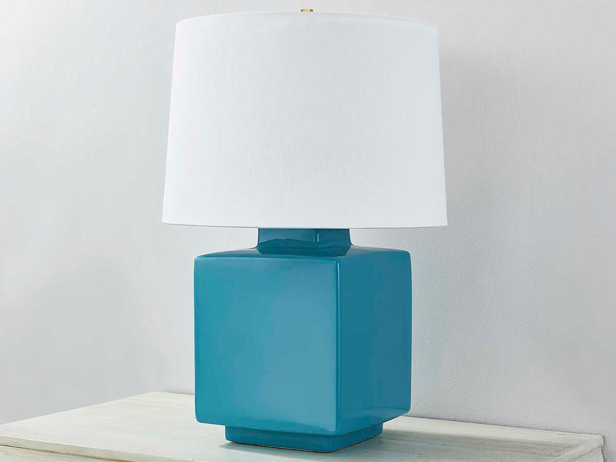 Hudson Valley Hawley Aged Brass Ceramic Gloss Turquoise White Linen Blue Table Lamp
