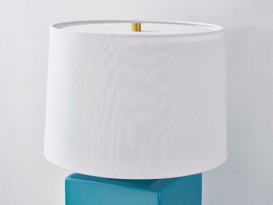 Hudson Valley Hawley Aged Brass Ceramic Gloss Turquoise White Linen Blue Table Lamp