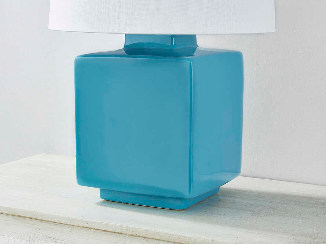 Hudson Valley Hawley Aged Brass Ceramic Gloss Turquoise White Linen Blue Table Lamp