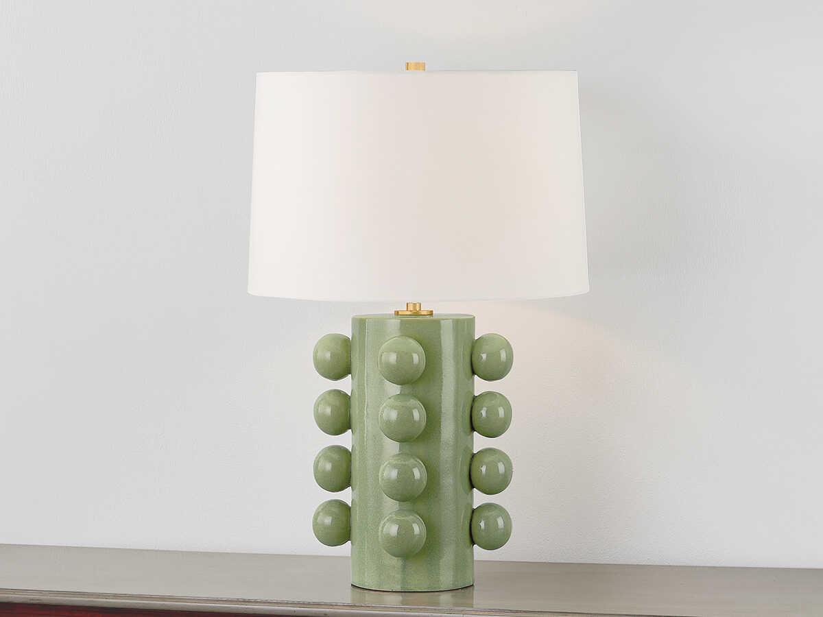 Hudson Valley Roselle Aged Brass Ceramic Moss Crackle White Linen Green Buffet Lamp