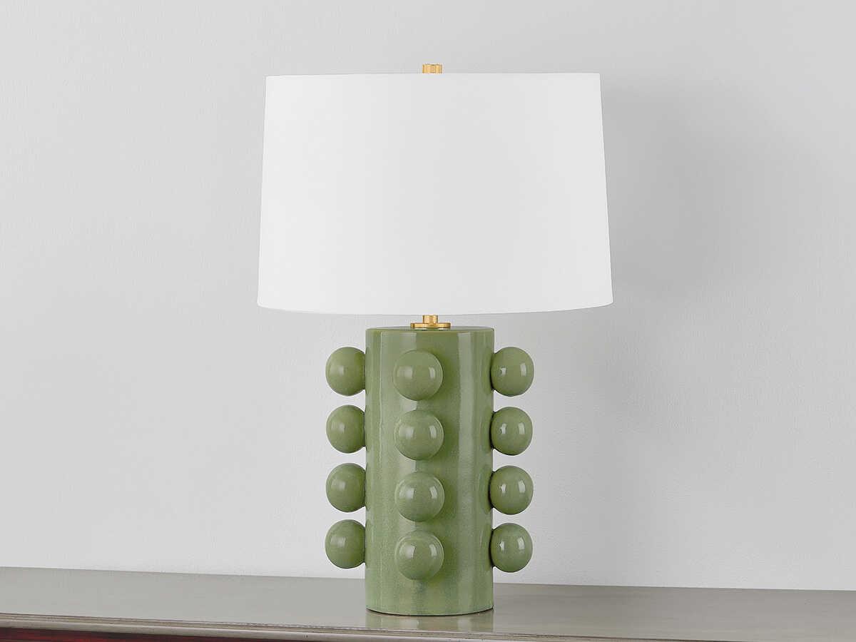 Hudson Valley Roselle Aged Brass Ceramic Moss Crackle White Linen Green Buffet Lamp