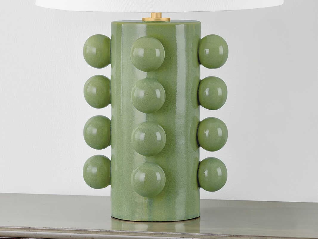 Hudson Valley Roselle Aged Brass Ceramic Moss Crackle White Linen Green Buffet Lamp