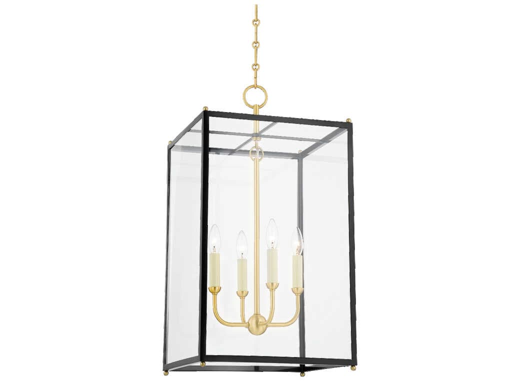 Hudson Valley Chaselton 4-Light Aged Brass Black Glass Lantern Pendant