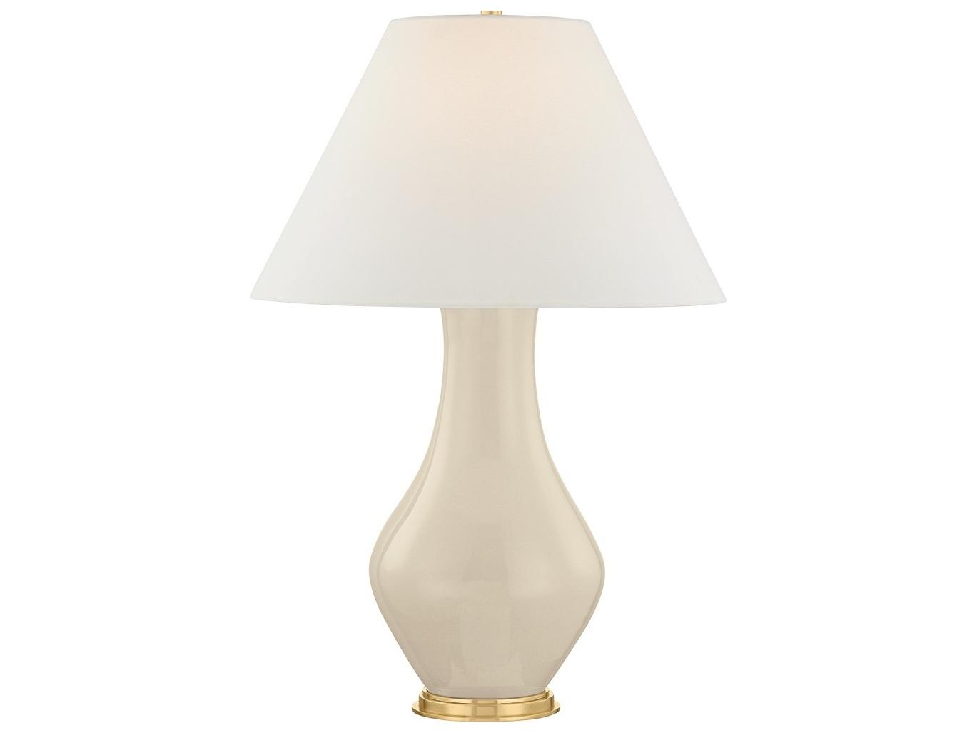 Hudson Valley Hanslope Aged Brass Ceramic French Muslin White Linen Fabric Off Buffet Lamp