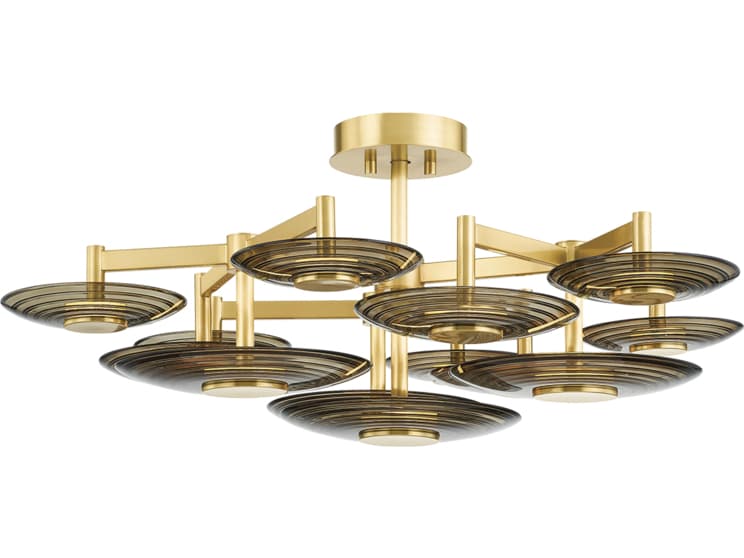 Hudson Valley Griston 9-Light Aged Brass Glass LED Round Semi Flush Mount