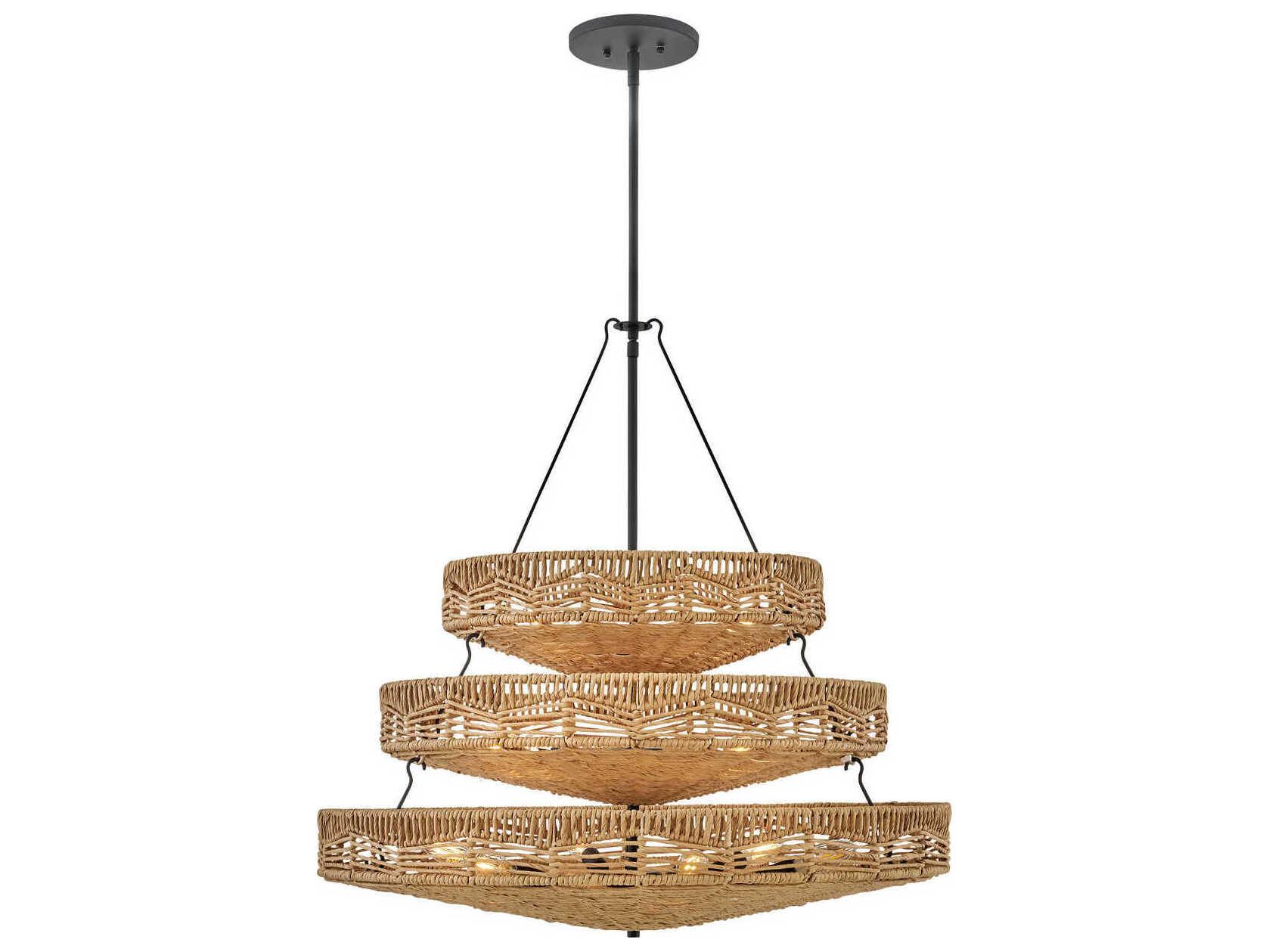 Hinkley Ophelia 13-Light Black Natural Shade Brown LED Tiered Pendant