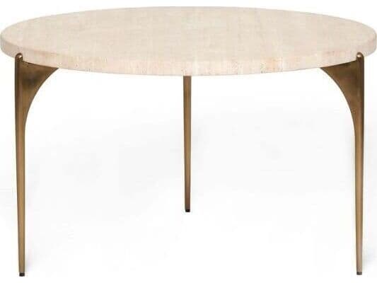 Interlude Home Richmond Round Marble Raw Travertine Golden Bronze End Table