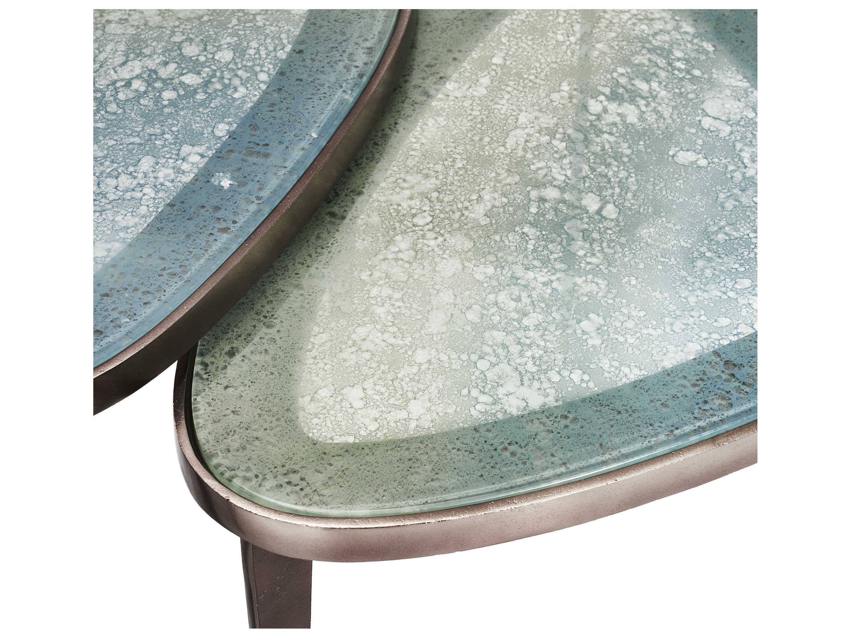 Interlude Home Jan Bunching Antique Nickel Blue Grey Reactive Glass Coffee Tables