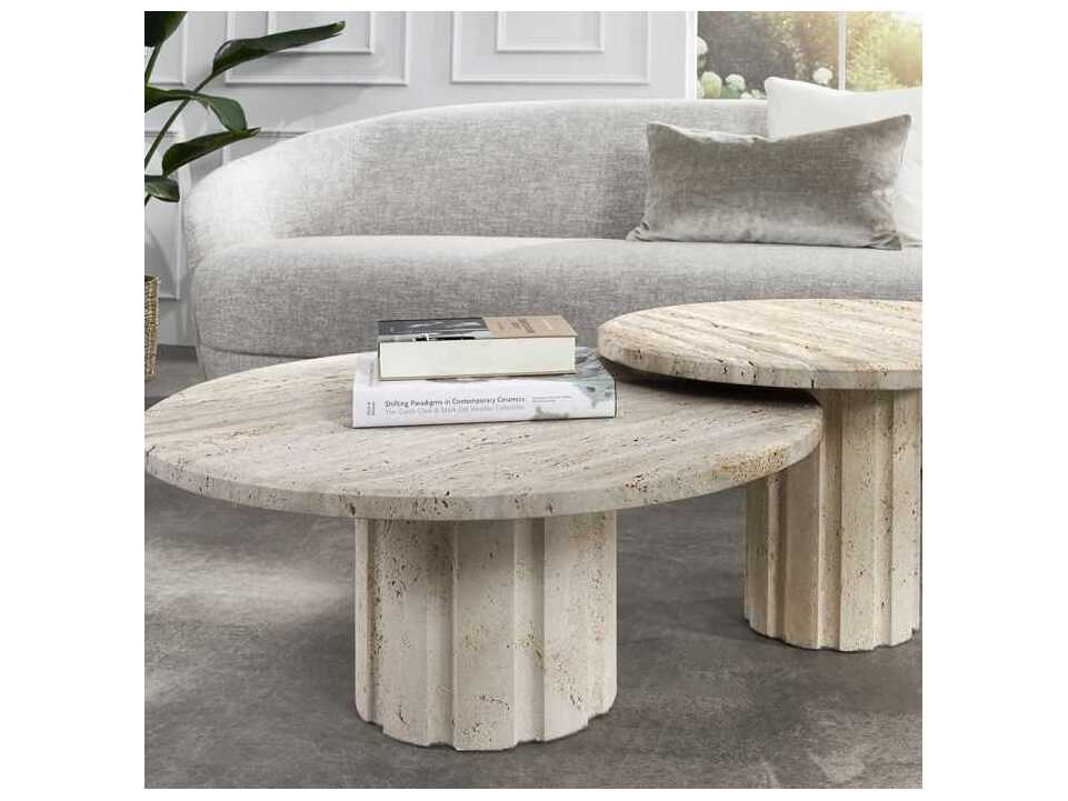 Interlude Home Amerigo Round Stone Raw Travertine Coffee Table