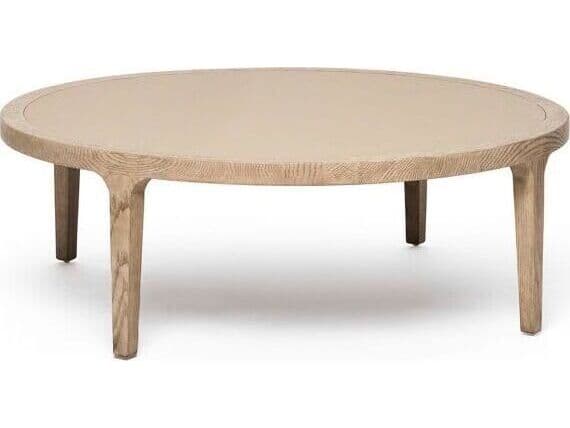 Interlude Home Putney Round Wood Washed Taupe Cream Latte Coffee Table