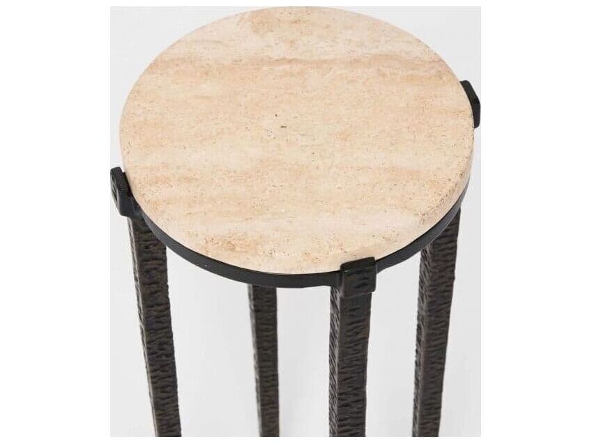 Interlude Home Como Round Marble Gilded Bronze Raw Travertine End Table