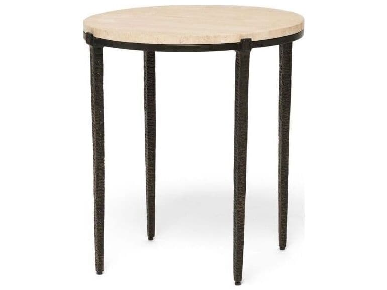 Interlude Home Como Round Marble Guilded Bronze Raw Travertine End Table