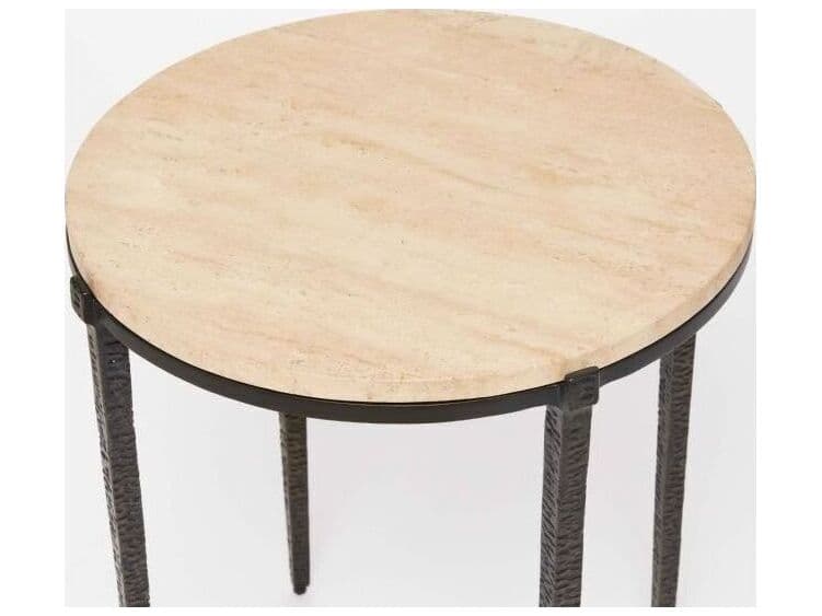 Interlude Home Como Round Marble Guilded Bronze Raw Travertine End Table