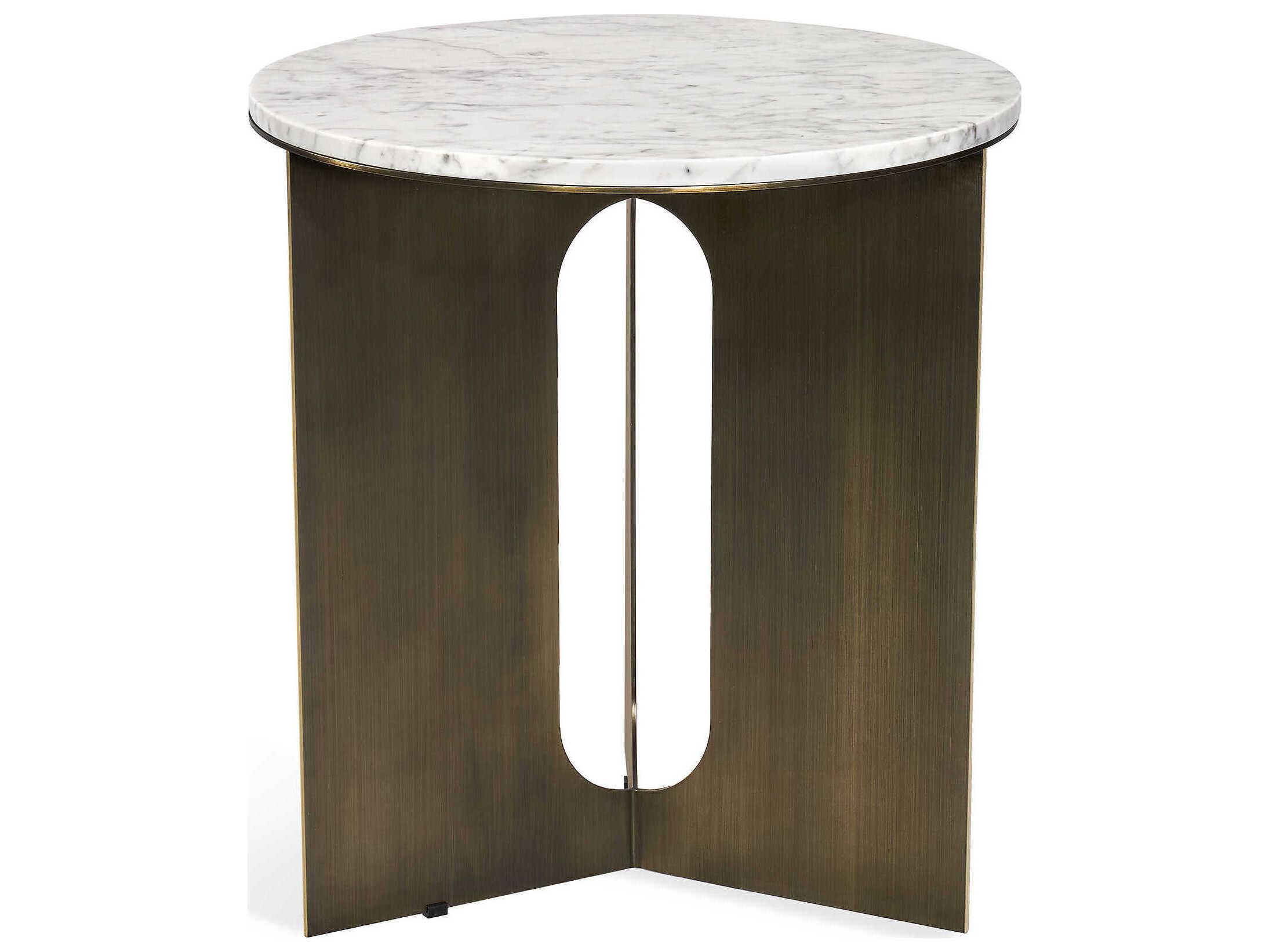 Interlude Home Pierre Round Marble Antique Bronze Carrara White End Table