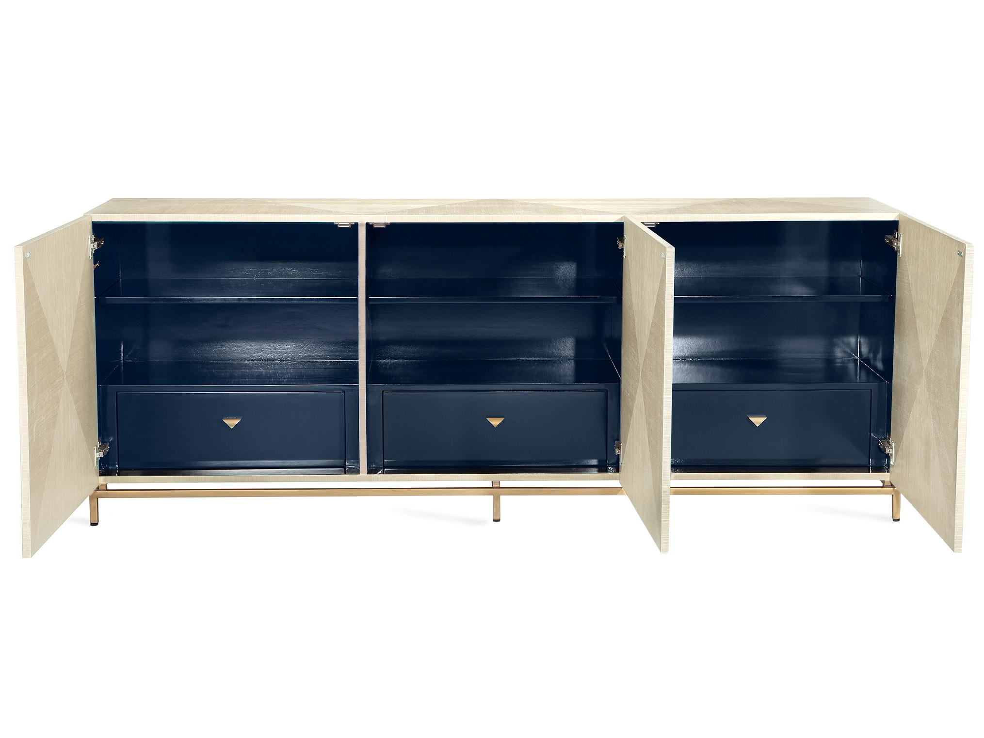 Interlude Home Gaspard 84" Latte High Gloss Navy Antique Brass Credenza Sideboard