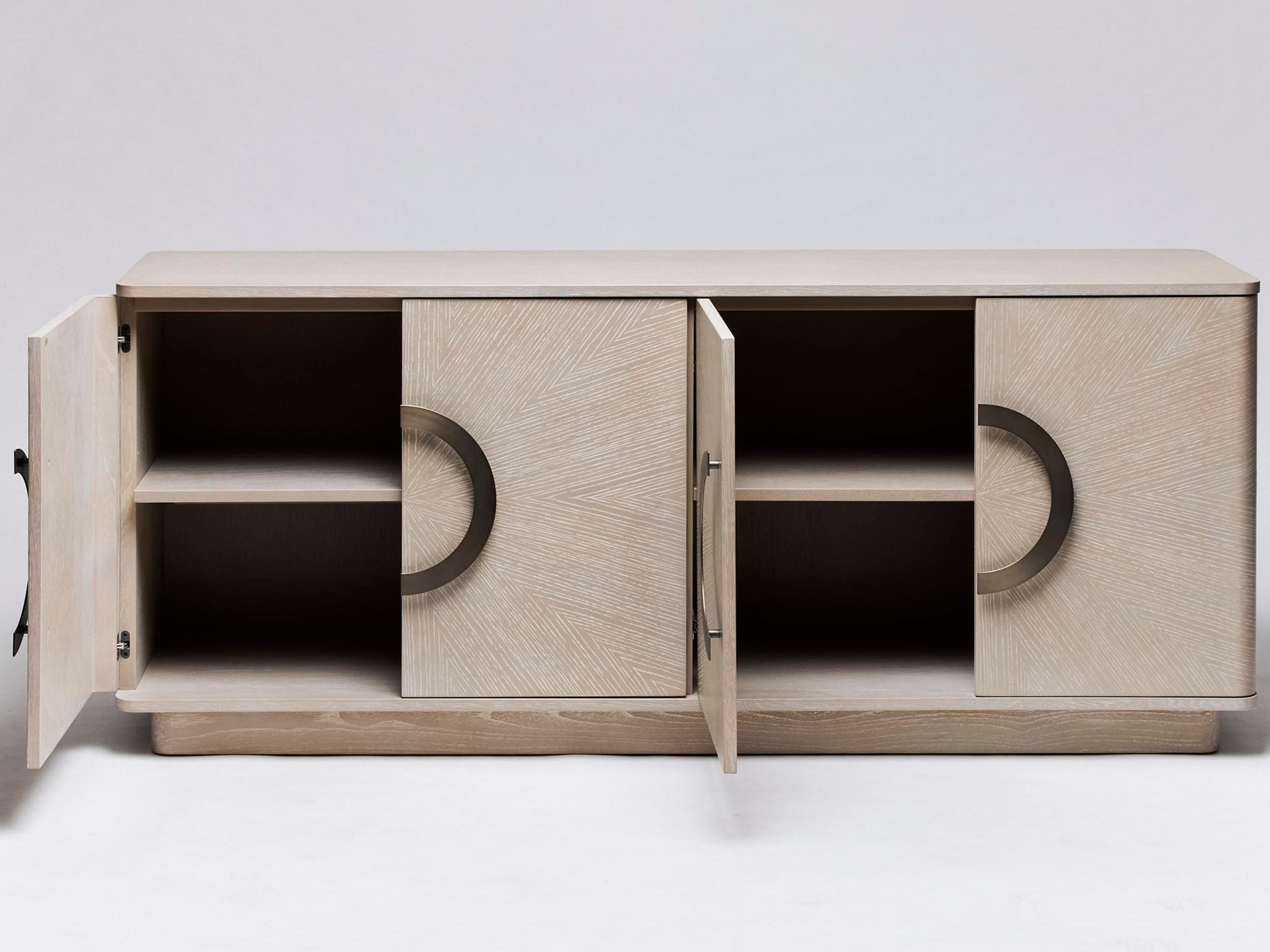 Interlude Home Cabot 71" Oak Wood Cliffside Grey Brushed Steel Credenza Sideboard