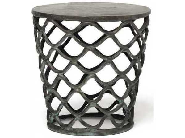 Interlude Home Lattice Round Metal Verdigris End Table
