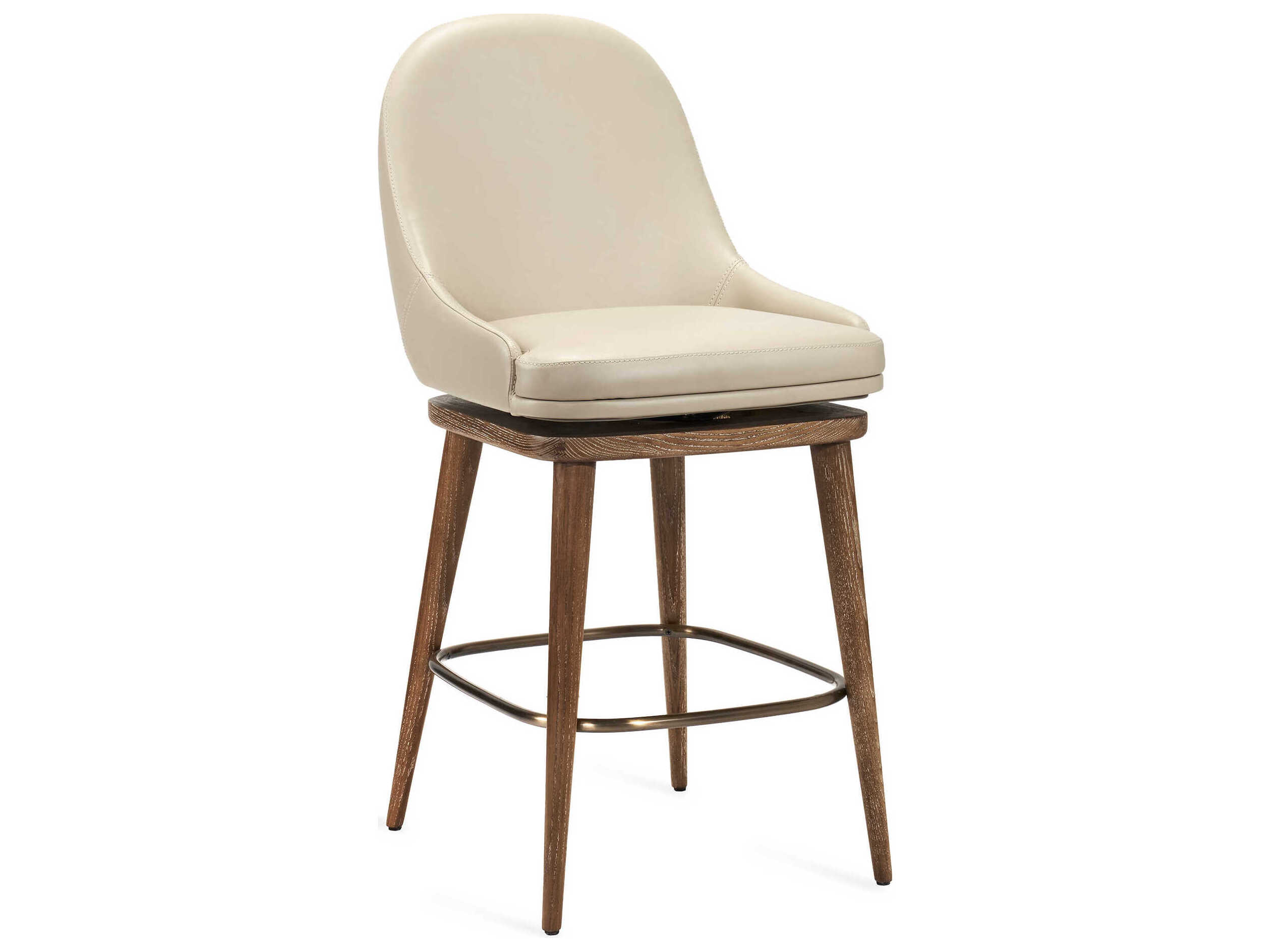 Interlude Home Harper Autumn Brown Cream Latte Satin Brass Leather Swivel Ash Wood Counter Stool