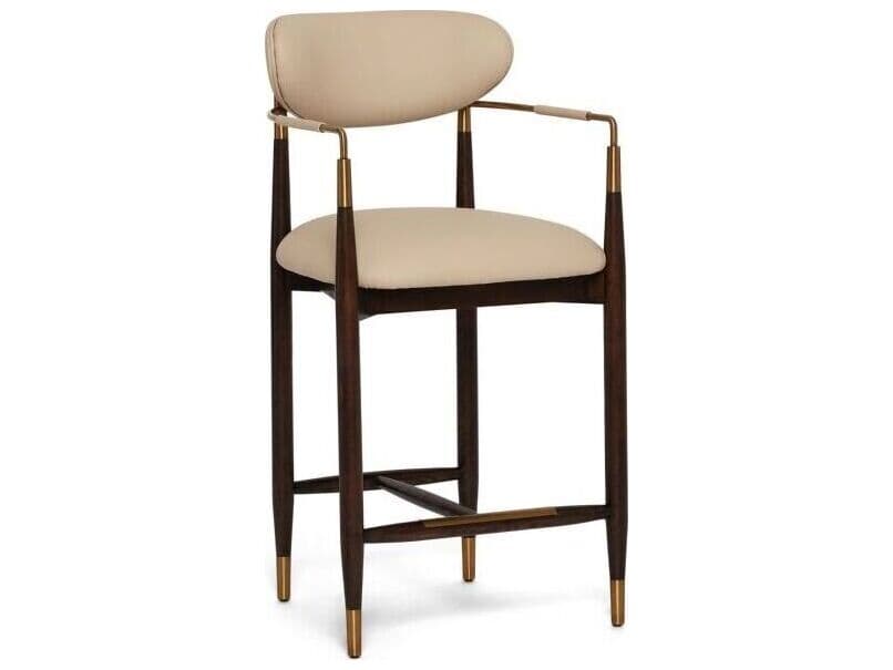 Interlude Home Cidra Classic Walnut Satin Brass Cream Latte Upholstered Wood Counter Stool