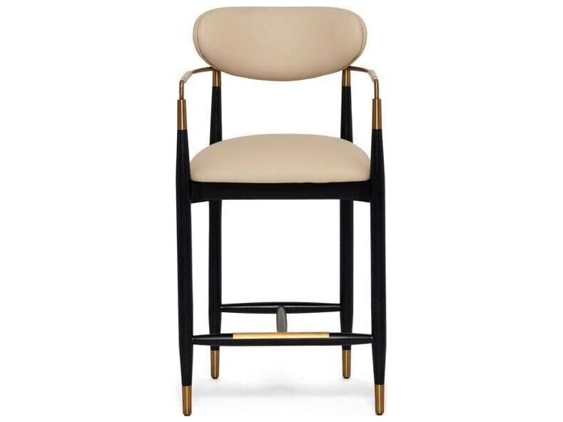 Interlude Home Cidra Matte Black Satin Brass Cream Latte Faux Leather Ash Wood Counter Stool
