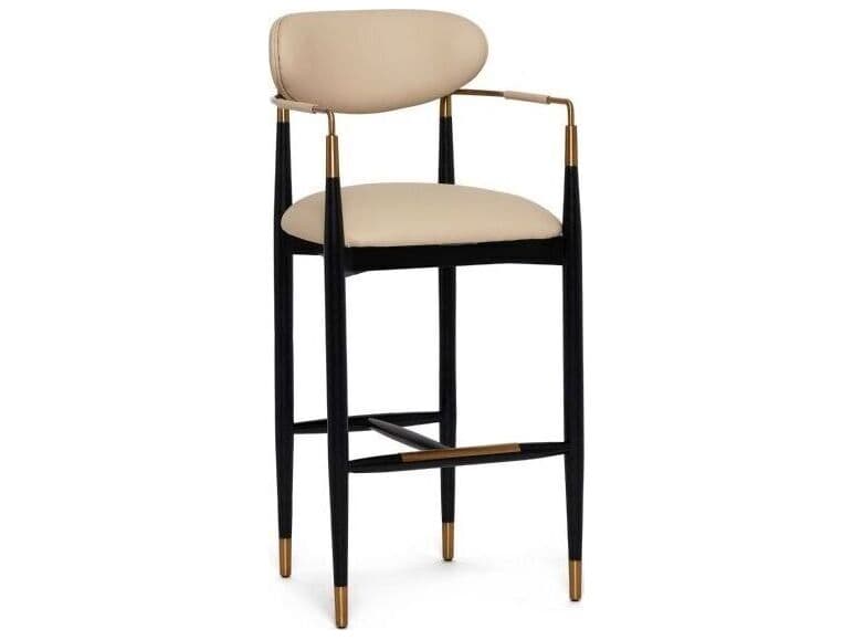 Interlude Home Cidra Matte Black Satin Brass Cream Latte Faux Leather Ash Wood Bar Stool