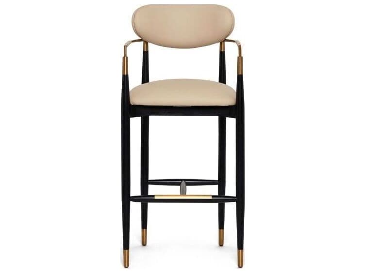 Interlude Home Cidra Matte Black Satin Brass Cream Latte Faux Leather Ash Wood Bar Stool