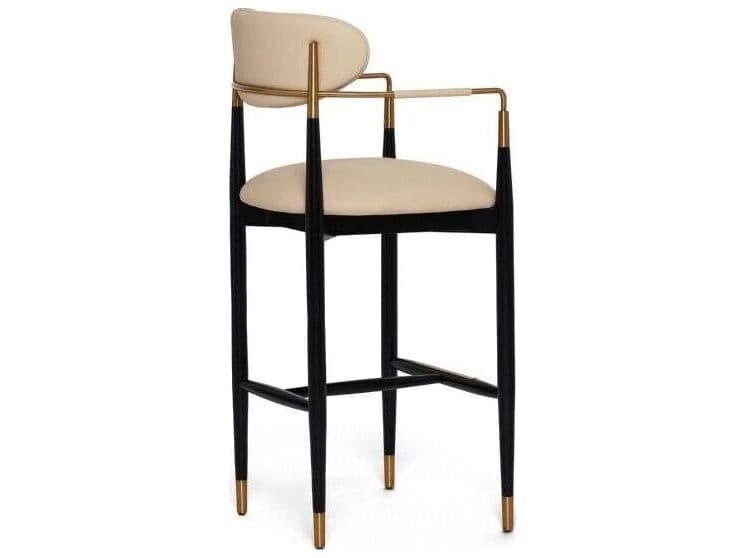 Interlude Home Cidra Matte Black Satin Brass Cream Latte Faux Leather Ash Wood Bar Stool