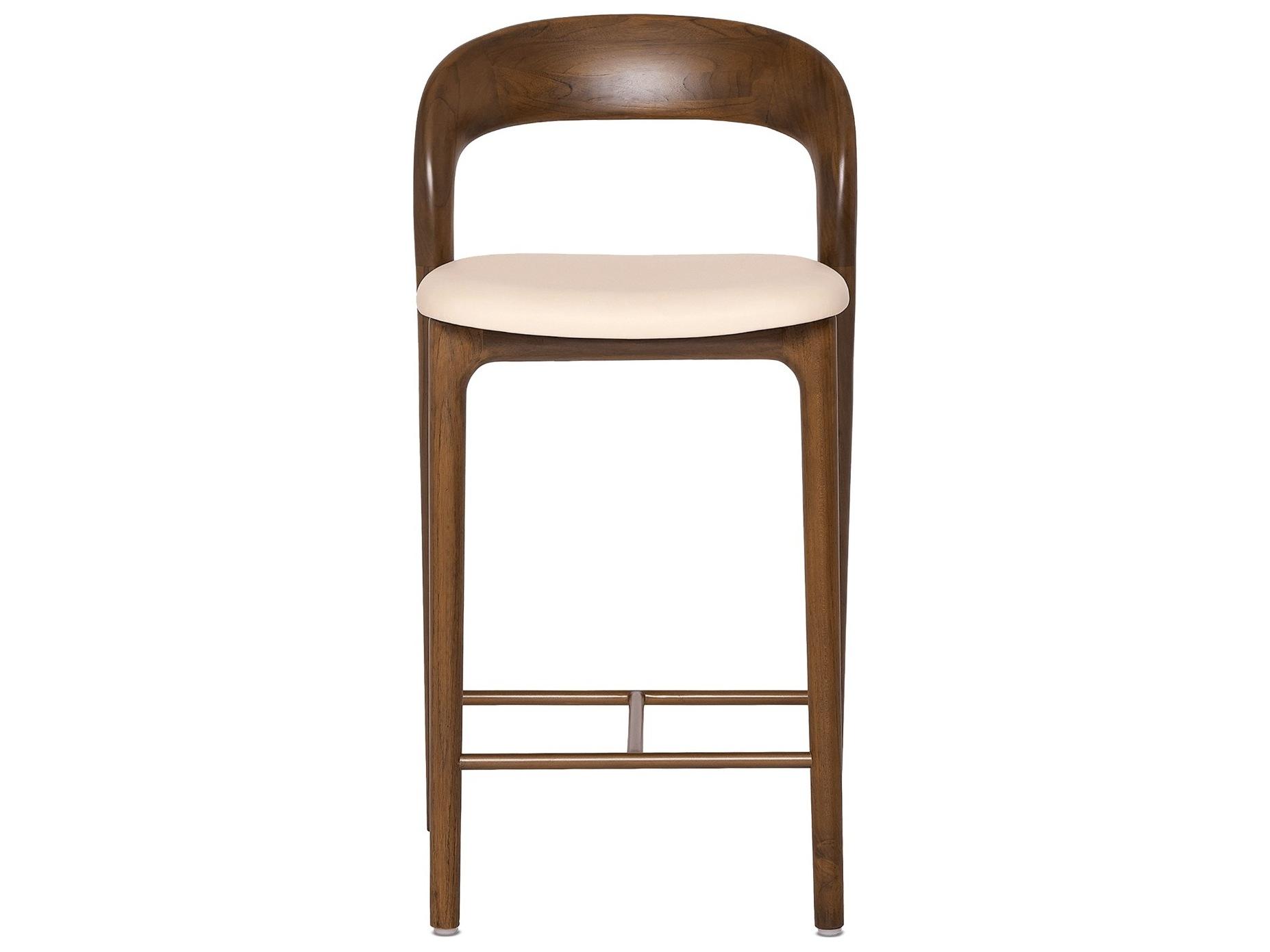 Interlude Home Felix Classic Walnut Grove Brass Leather Teak Wood Counter Stool