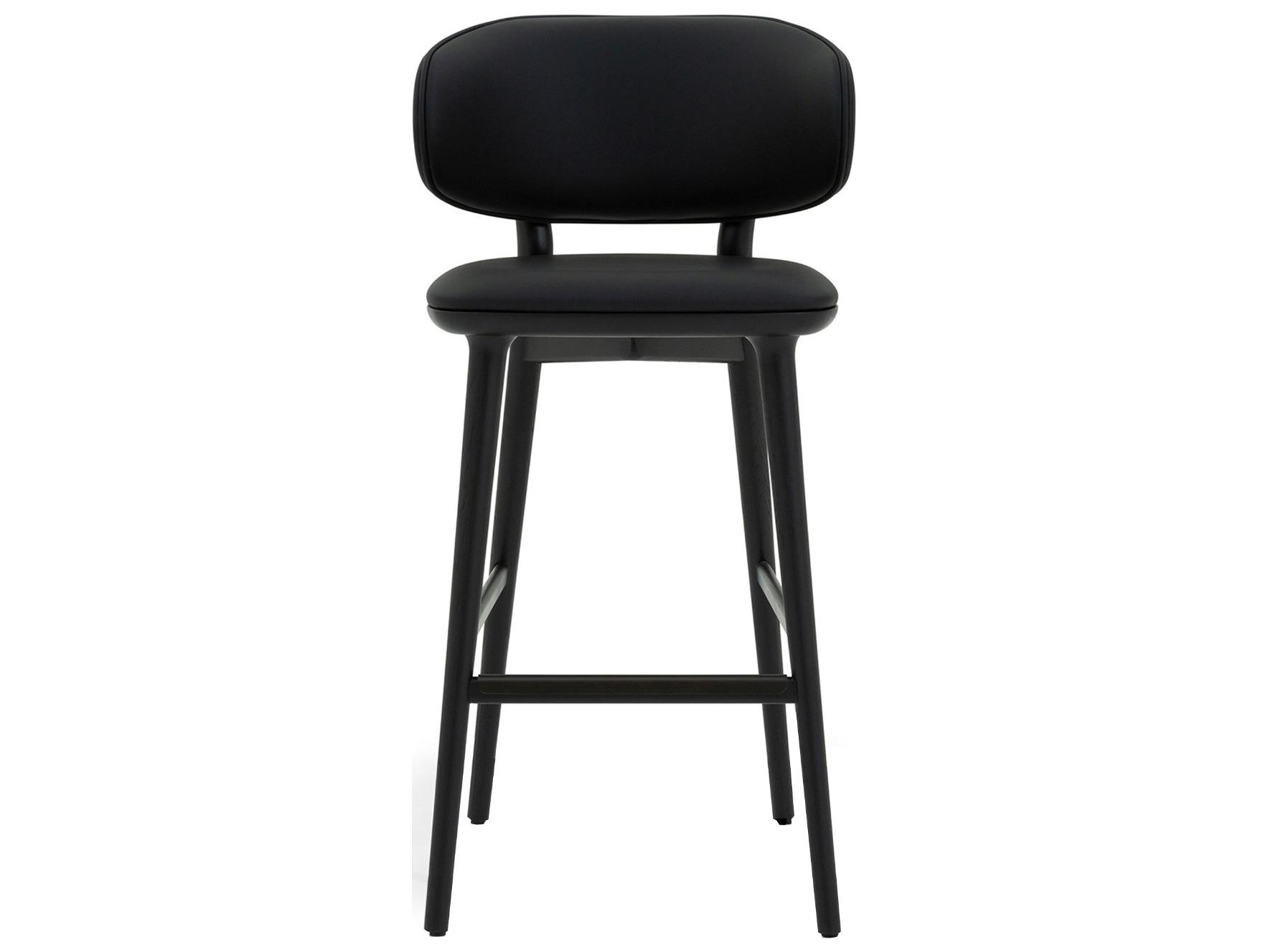 Interlude Home Soren Matte Black Midnight Dark Bronze Leather Oak Wood Bar Stool