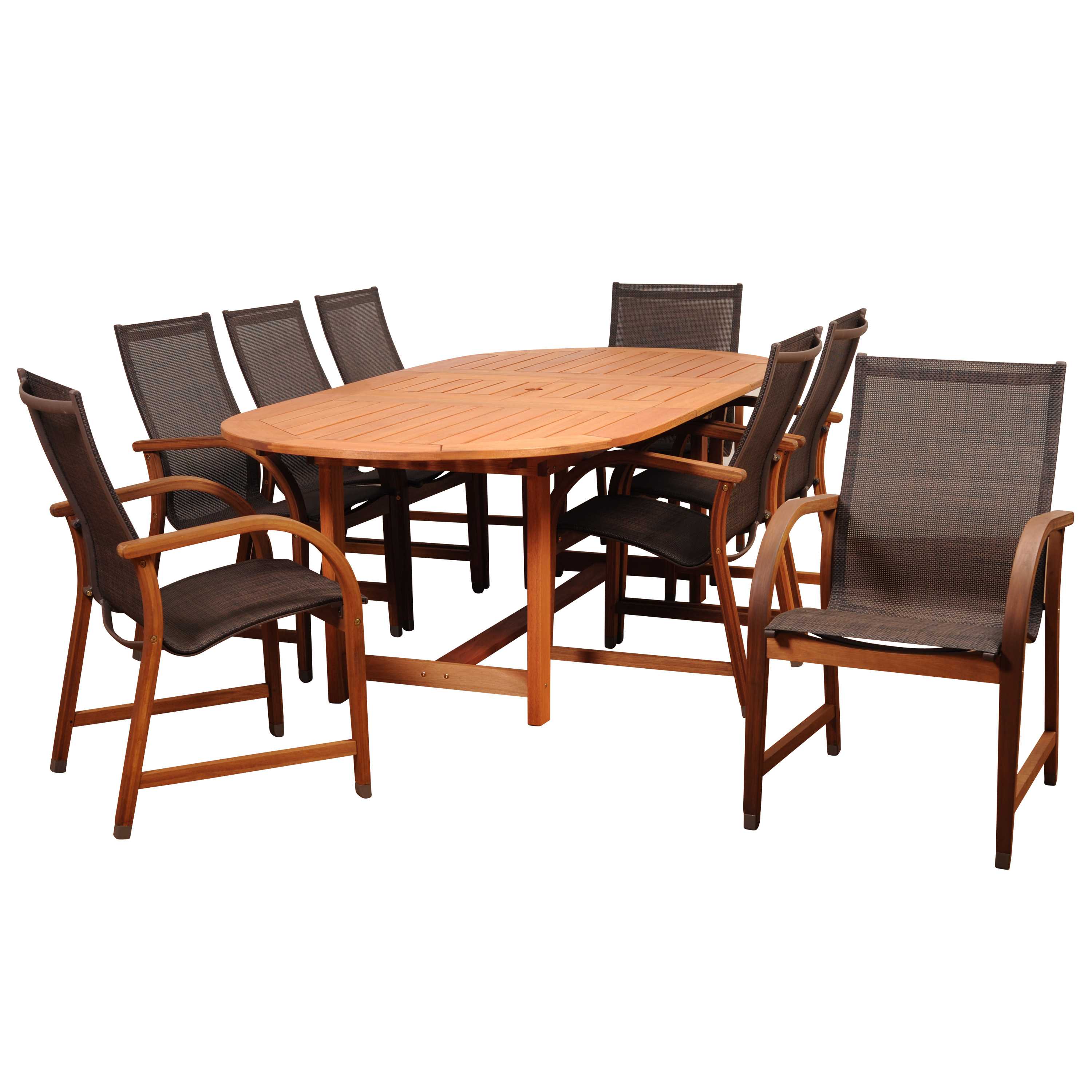International Home Miami Amazonia Bahamas 9 Piece Eucalyptus Extendable Rectangular Patio Dining Set with Brown Sling Chair