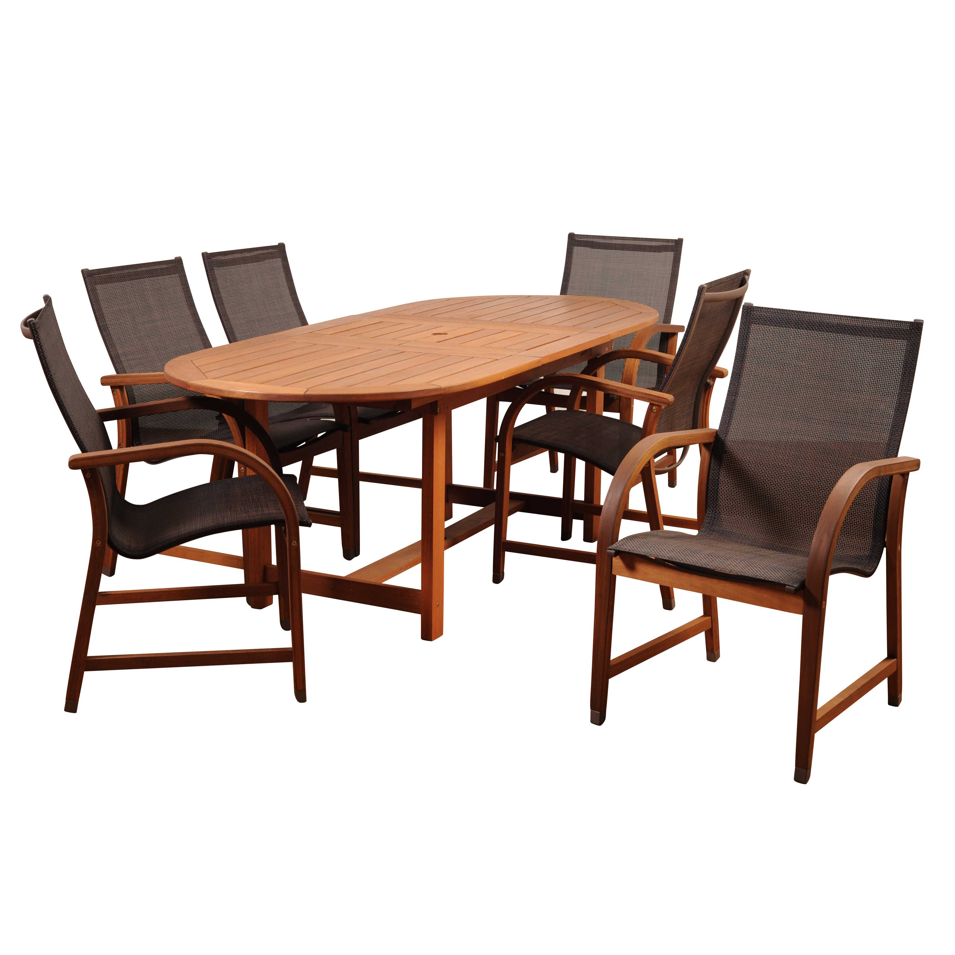 International Home Miami Amazonia Bahamas 7 Piece Eucalyptus Extendable Rectangular Outdoor Dining Set with Brown Sling Chair