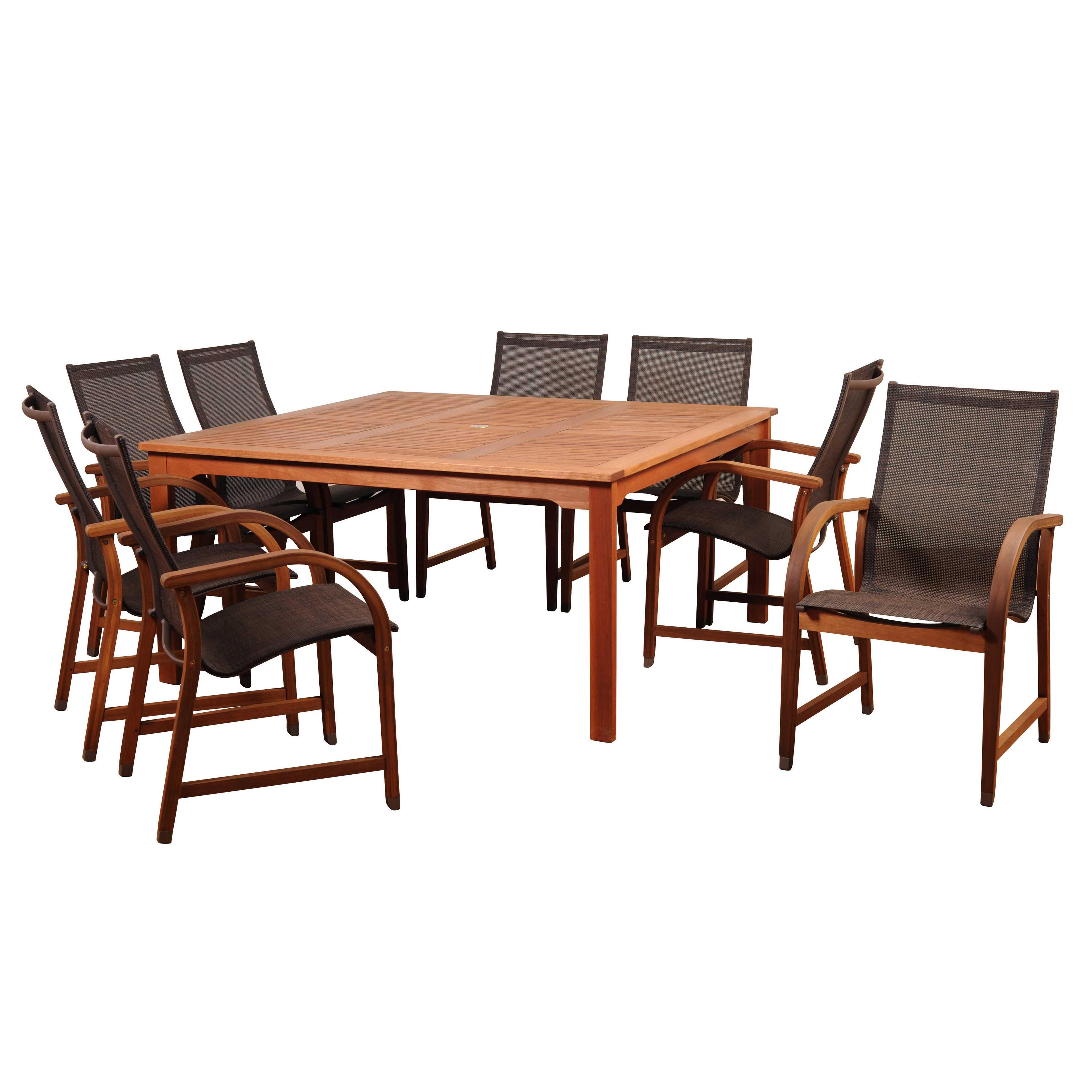 International Home Miami Amazonia Bahamas 9 Piece Eucalyptus Square Outdoor Patio Dining Set with Brown Sling Chair
