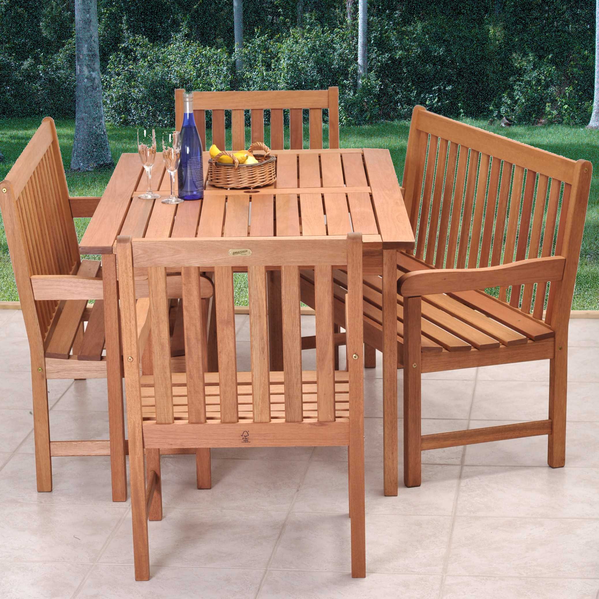 International Home Miami Amazonia Eucalyptus Five Piece Milano Bench Outdoor Dining Set