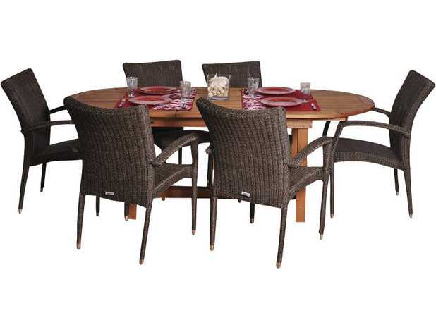 International Home Miami Amazonia Eucalyptus & Wicker Oval Seven Piece Extendable Lemans Deluxe Outdoor Dining Set