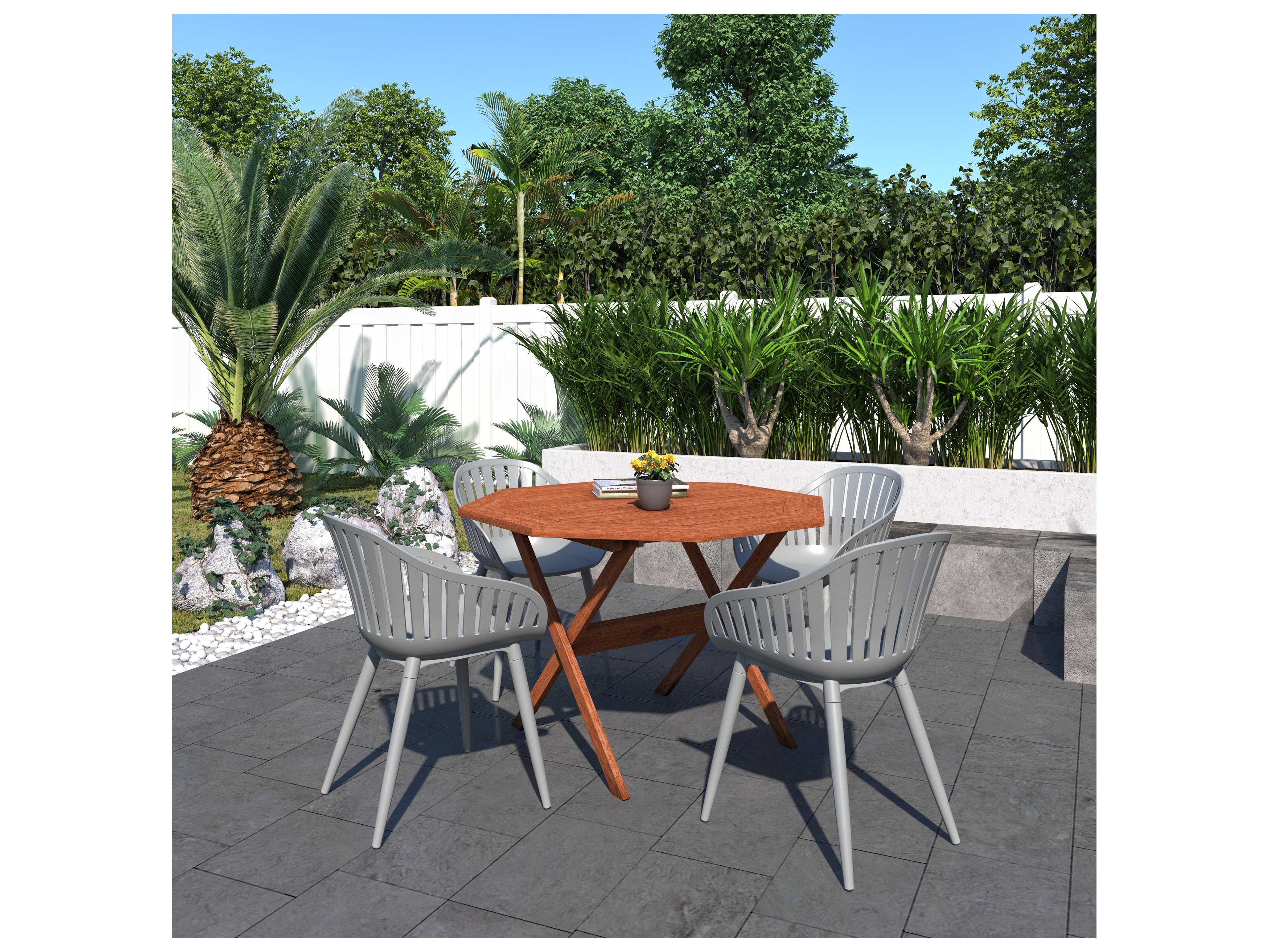 International Home Miami Amazonia Austria Eucalyptus 5 Piece Outdoor Octagonal dining set with Grey aluminum legs chairs