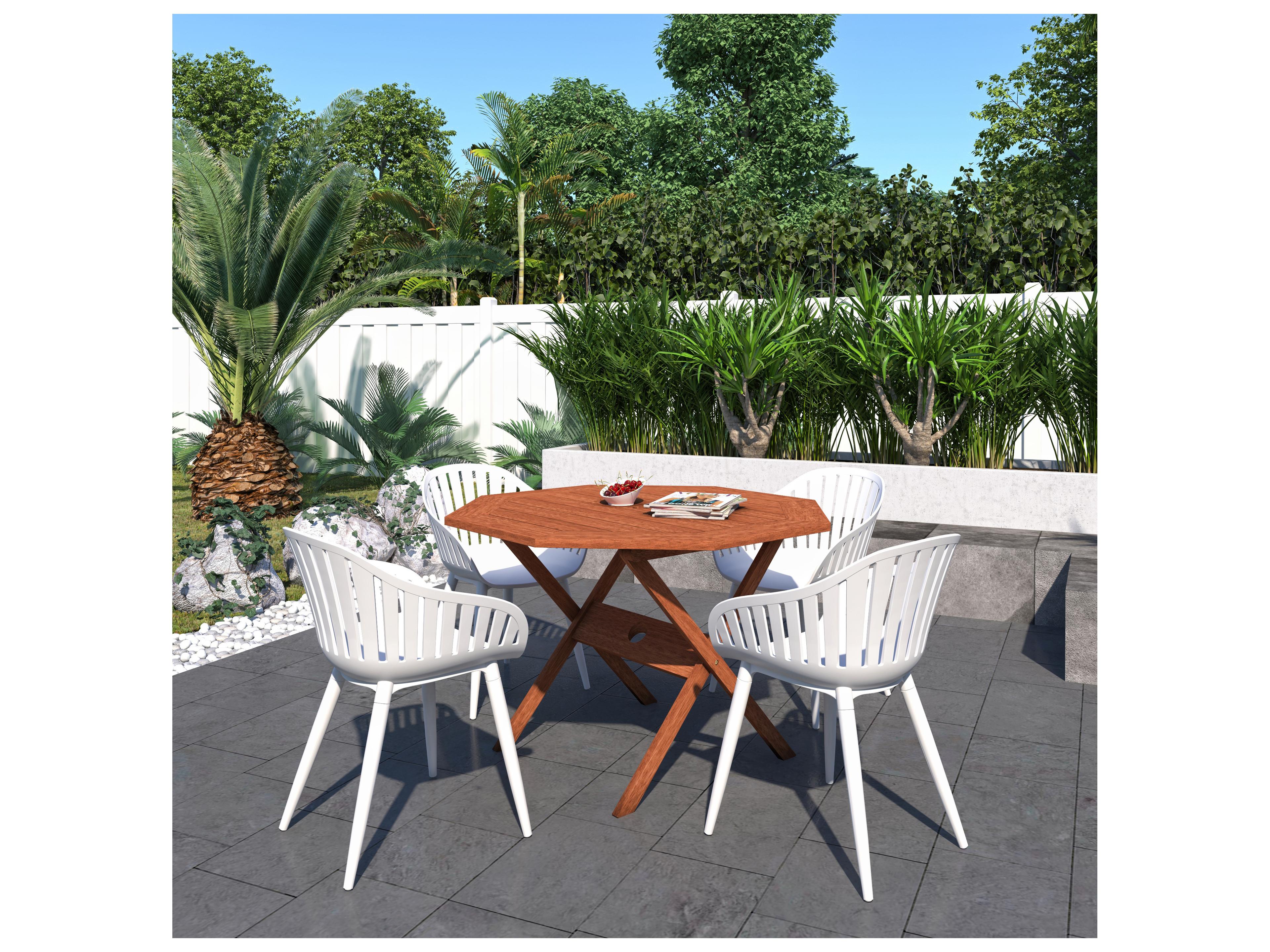 International Home Miami Amazonia Austria Eucalyptus 5 Piece Outdoor Octagonal dining set with White aluminum legs chairs