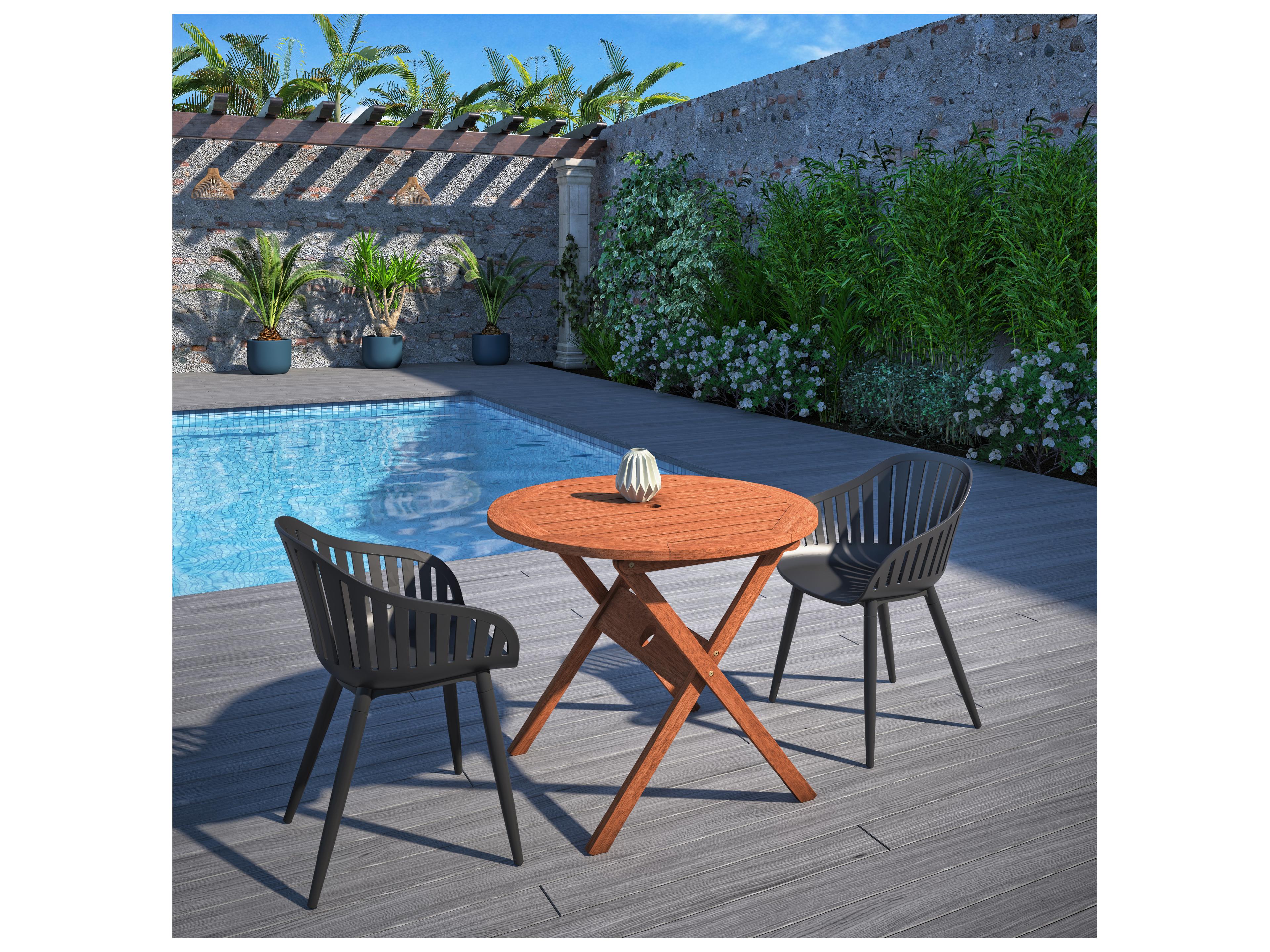 International Home Miami Amazonia Ricard Eucalyptus 3 Piece Outdoor Round Dining Set with Black Aluminum Chairs